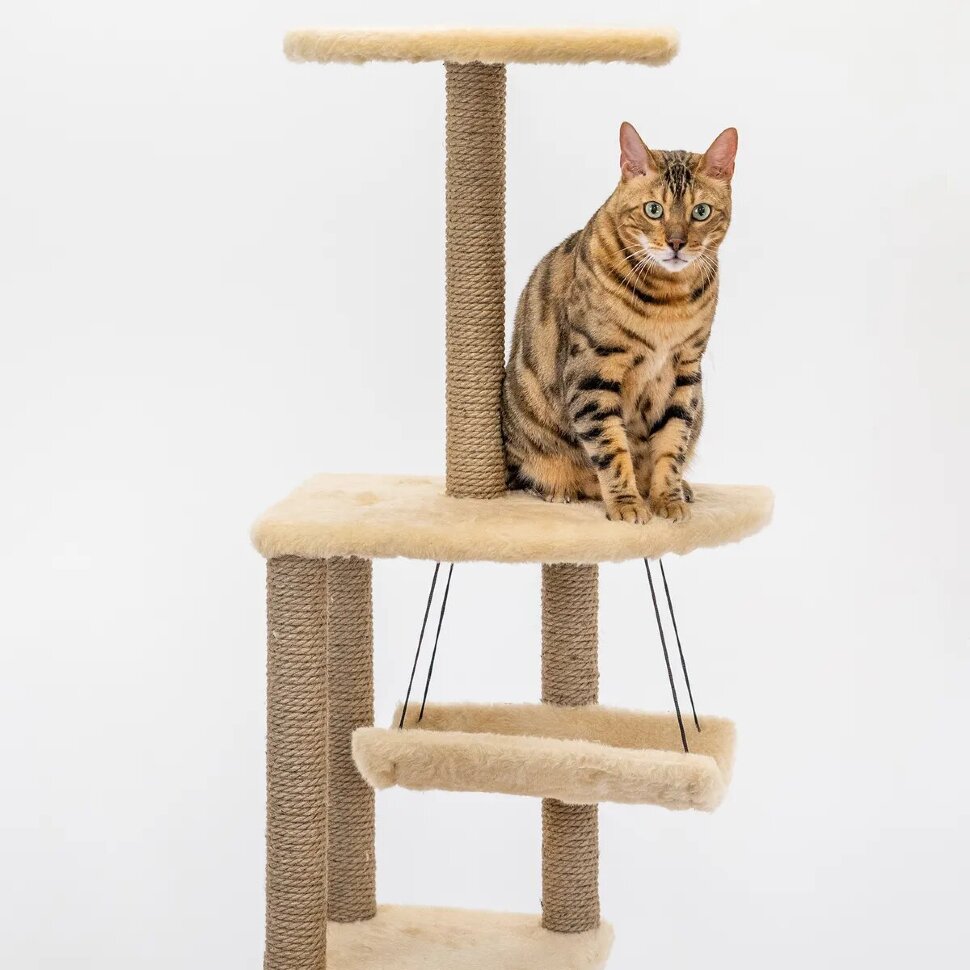 Когтеточка домик для кошек "PetTails" Башня угловая с гамаком, серый 48 х 48 х 171 см (джут)